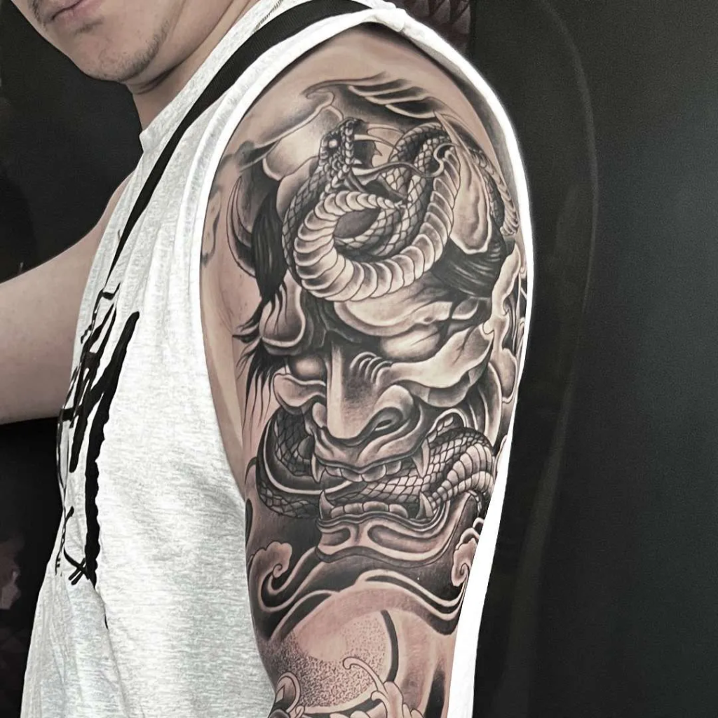Oriental Japanese Mask and Snake Tattoo