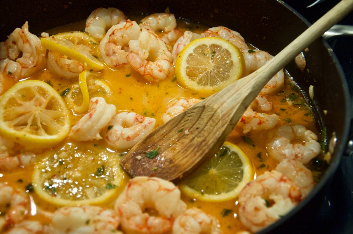 shrimps, butter, and lemon in a pan